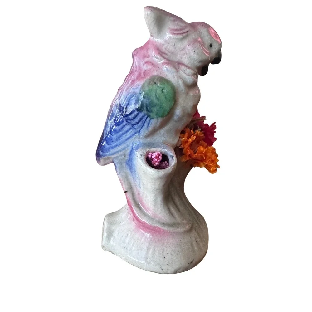 Vintage Ceramic Parrot Figurine Pink Green Tropical Bird with Flowers‎ 5 inch